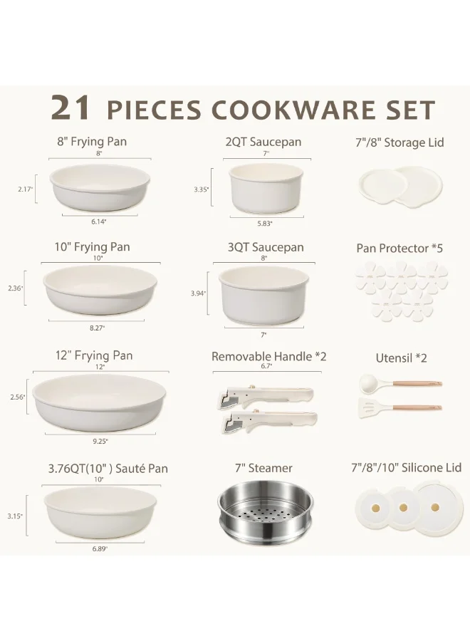 كاروت طقم أواني كاروت 21 قطعة سيراميك غير لاصق بمقابض قابلة للفصل، تصميم قابل للتكديس مع أغطية، خالٍ من PFAS لطهي صحي، متوافق مع جميع المواقد وآمن لغسالة الصحون (أبيض)